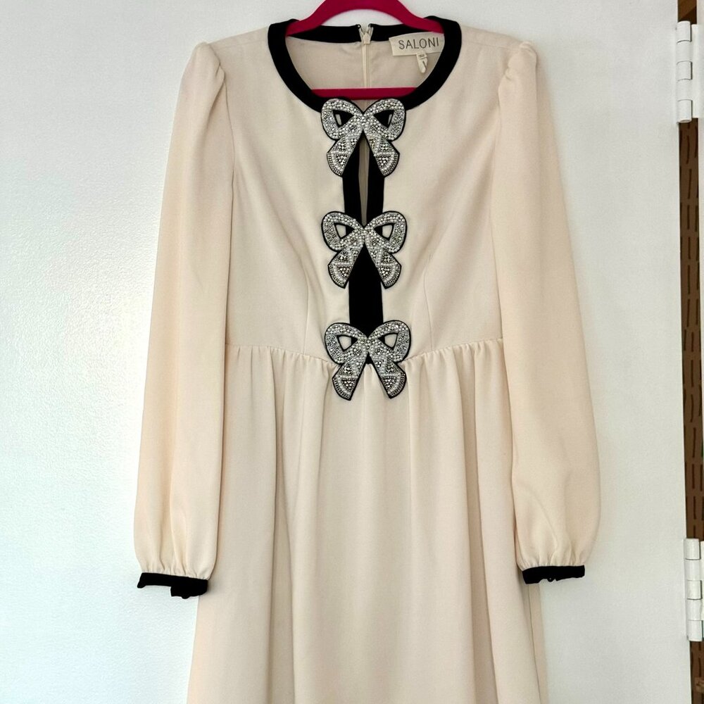 Saloni Camille Crystal Bows Mini Dress Cream White Ivory Black Beaded